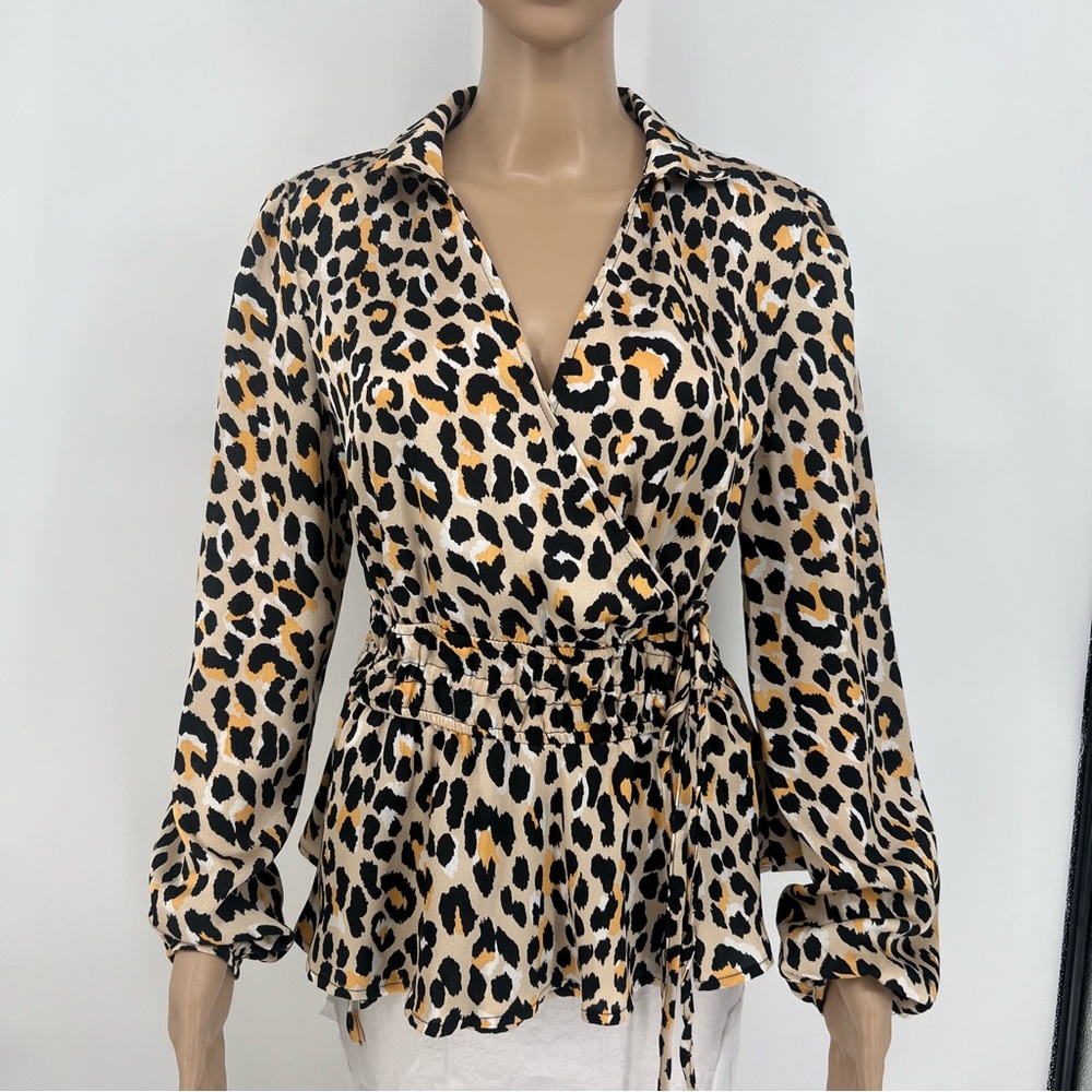 Lara Fashion Womens Animal Print Wrap Blouse Long Balloon Sleeves Ruffle Waist